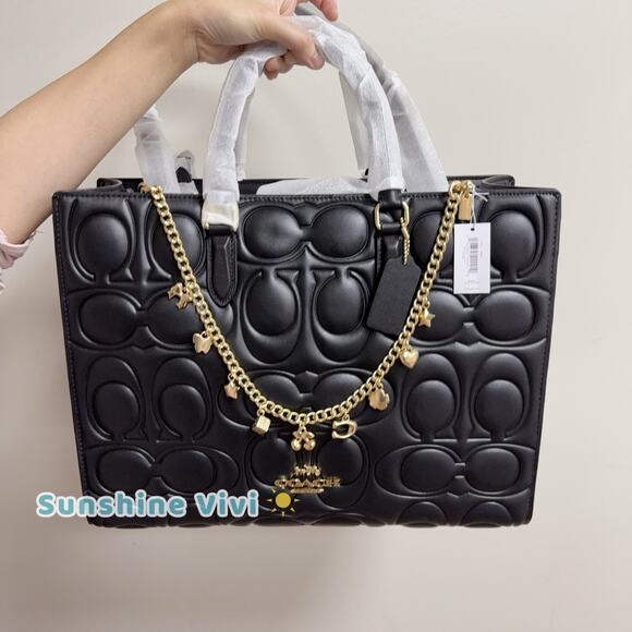 NWT Bundle Coach Large Maggie Tote Bag CY672 Black & CCE78 Long Chain Charm Gold - Picture 3 of 10